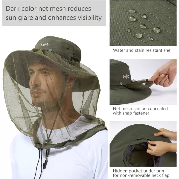 BASSDASH UPF 50 Mosquito Sun Hat with Hidden Head Net and Neck Flap for Men Women Outdoor Fishing Hiking CampingArmy Green