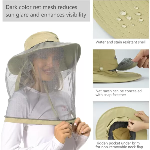 BASSDASH UPF 50 Mosquito Sun Hat with Hidden Head Net and Neck Flap for Men Women Outdoor Fishing Hiking CampingKhaki