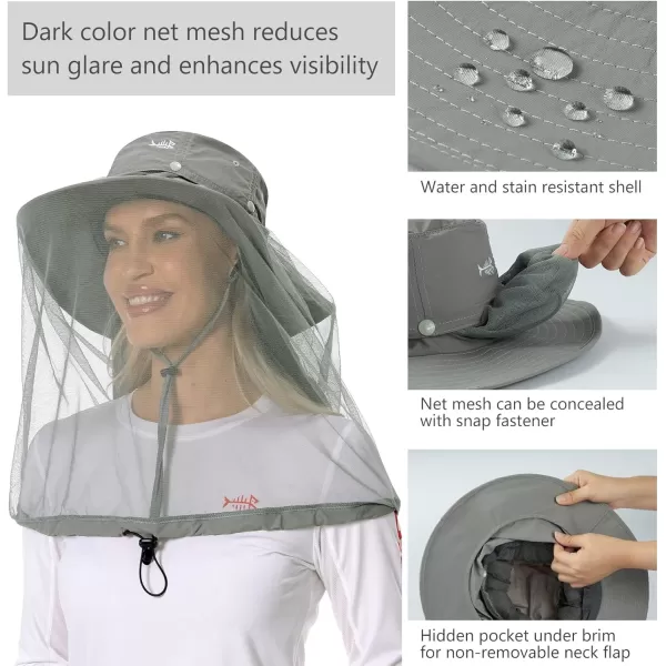 BASSDASH UPF 50 Mosquito Sun Hat with Hidden Head Net and Neck Flap for Men Women Outdoor Fishing Hiking CampingLight Grey