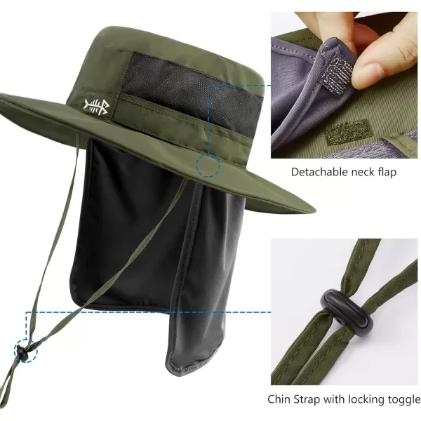 BASSDASH UPF 50 Sun Fishing Hat Water Resistant with Detachable Neck FlapArmy Green  Big Head Size