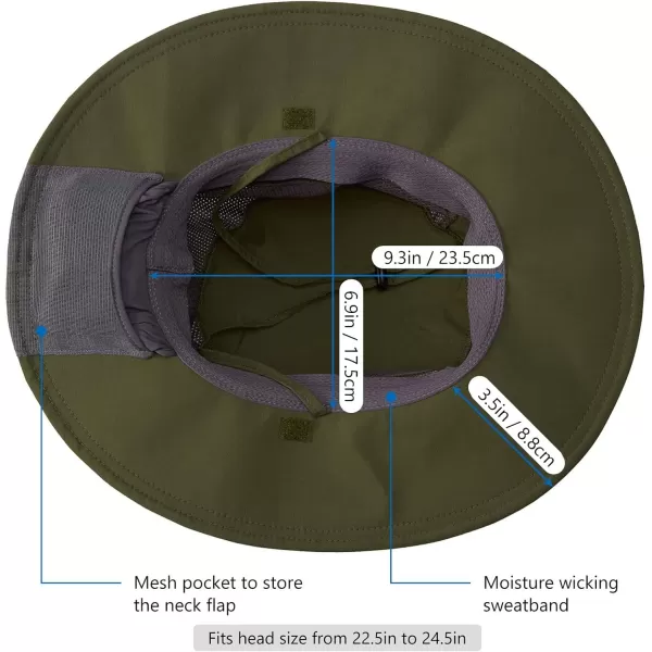 BASSDASH UPF 50 Sun Fishing Hat Water Resistant with Detachable Neck FlapArmy Green  Big Head Size