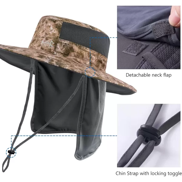 BASSDASH UPF 50 Sun Fishing Hat Water Resistant with Detachable Neck FlapBarren Camo