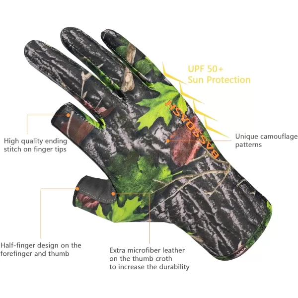 BASSDASH Unisex Fingerless Camo Hunting Gloves for Mens Womens Early Season Warm Weather UPF 50 Lightweight Fishing Photography HG03Green Leaf