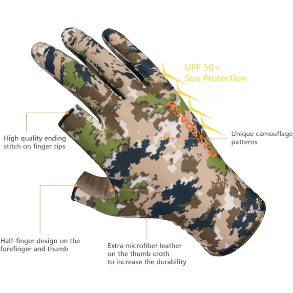 BASSDASH Unisex Fingerless Camo Hunting Gloves for Mens Womens Early Season Warm Weather UPF 50 Lightweight Fishing Photography HG03Highland