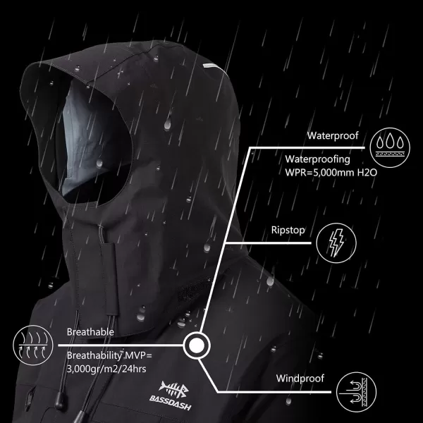 BASSDASH Valor Waterproof Fishing Jackets for Men Women Breathable Windproof Rain JacketBlack