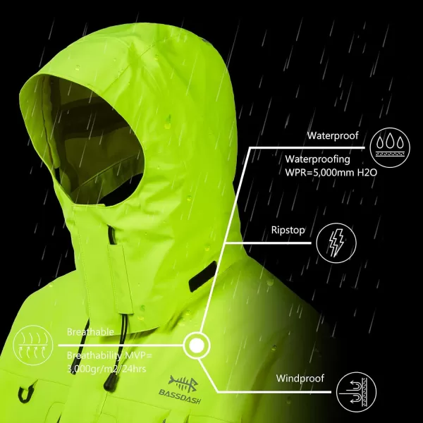 BASSDASH Valor Waterproof Fishing Jackets for Men Women Breathable Windproof Rain JacketFluorescent Yellow