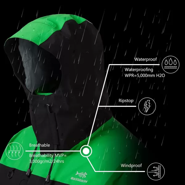 BASSDASH Valor Waterproof Fishing Jackets for Men Women Breathable Windproof Rain JacketGreen  Black