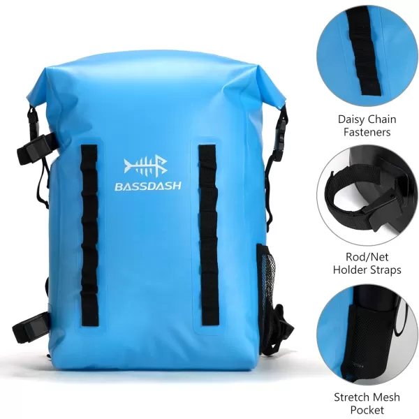 BASSDASH Waterproof TPU Backpack 24L RollTop Dry Bag with Rod Holder for Fishing Hiking Camping Kayaking RaftingBlue