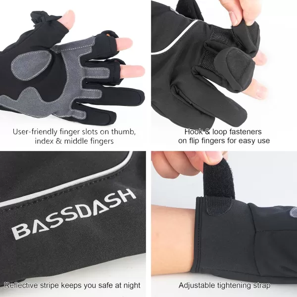 BASSDASH WintePro Insulated Fishing Gloves Water Repellent with Fleece Lining Cold Weather Winter Gloves for Men Women Ice Fishing Hunting Photography HikingBlack