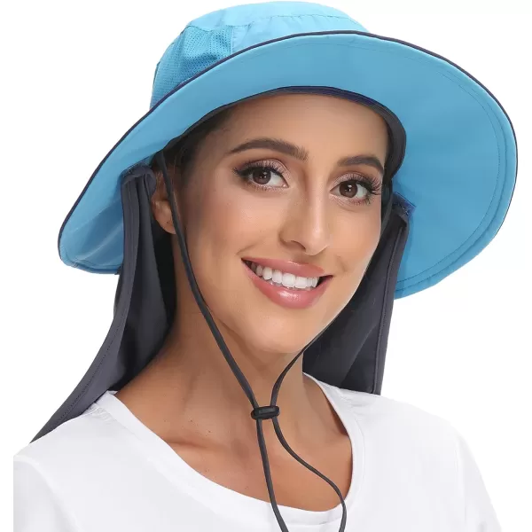 BASSDASH Women UPF 50 Sun Hat with Ponytail Hole Neck Flap Water Resistant Fishing OutdoorLight BlueDark Grey