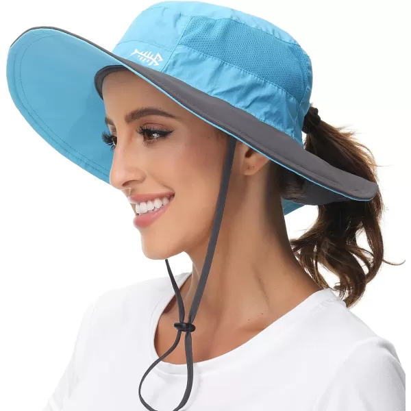 BASSDASH Women UPF 50 Sun Hat with Ponytail Hole Neck Flap Water Resistant Fishing OutdoorLight BlueDark Grey