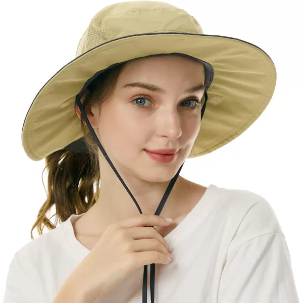 BASSDASH Women UPF 50 Sun Hat with Ponytail Hole Neck Flap Water Resistant Fishing OutdoorLight KhakiDark Grey