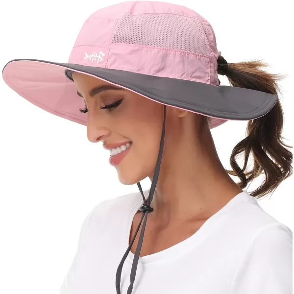 BASSDASH Women UPF 50 Sun Hat with Ponytail Hole Neck Flap Water Resistant Fishing OutdoorLight PinkDark Grey