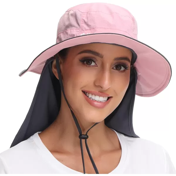 BASSDASH Women UPF 50 Sun Hat with Ponytail Hole Neck Flap Water Resistant Fishing OutdoorLight PinkDark Grey