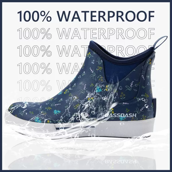 BASSDASH Womens 45 Waterproof Deck Ankle Rain Boots AntiSlip Neoprene Rubber Garden Fishing BootsNavyFloral