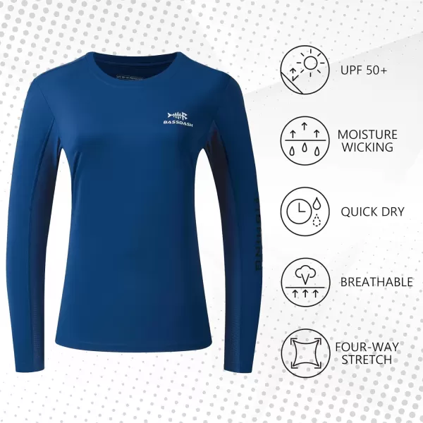 BASSDASH Womens UPF 50 UV Sun Protection Long Sleeve Shirts Quick Dry TShirt for Fishing Hiking KayakingDark BlueWhite Logo