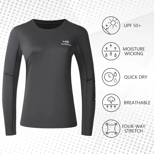 BASSDASH Womens UPF 50 UV Sun Protection Long Sleeve Shirts Quick Dry TShirt for Fishing Hiking KayakingDark GreyWhite Logo