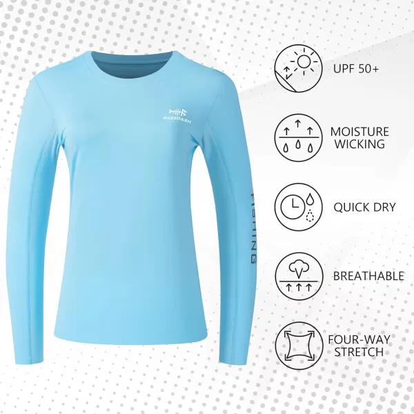 BASSDASH Womens UPF 50 UV Sun Protection Long Sleeve Shirts Quick Dry TShirt for Fishing Hiking KayakingSky BlueWhite Logo