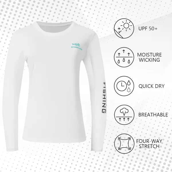 BASSDASH Womens UPF 50 UV Sun Protection Long Sleeve Shirts Quick Dry TShirt for Fishing Hiking KayakingWhiteAruba Blue Logo