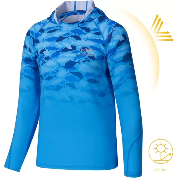 BASSDASH Youth UPF50 Performance T Shirt with Hood Long Sleeve Fishing Hiking Sun Shirt FS03YBlue Fish Gradient