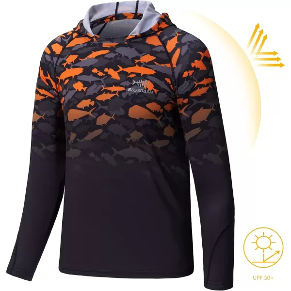 BASSDASH Youth UPF50 Performance T Shirt with Hood Long Sleeve Fishing Hiking Sun Shirt FS03YOrange Fish Gradient