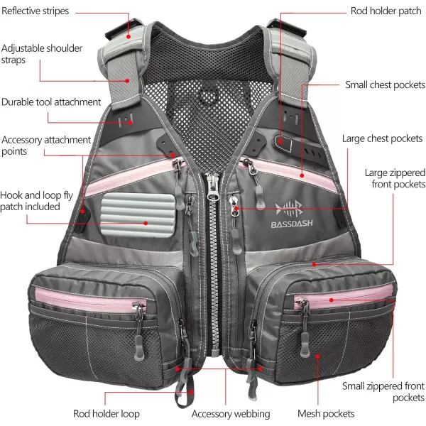 BASSDASH Youths Kids Fly Fishing Vest for Adjustable Size with Multiple Pockets Trout Bass Fishing Gear FV09GreyLight Pink