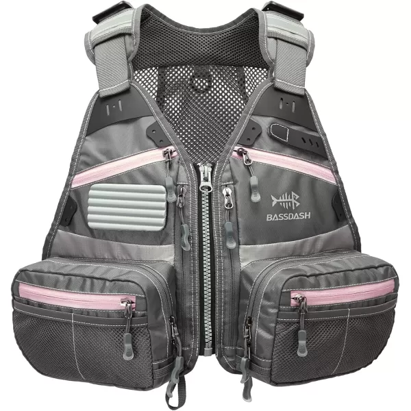 BASSDASH Youths Kids Fly Fishing Vest for Adjustable Size with Multiple Pockets Trout Bass Fishing Gear FV09GreyLight Pink