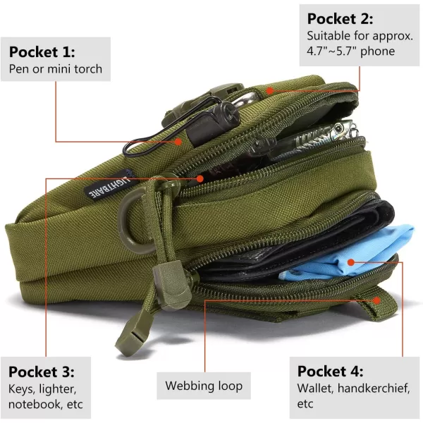 Bassdash LightBare Series Tactical Molle Pouch Multipurpose EDC Crossbody Bag Waistpack Compact Gadget Pouch with Cell Phone Holster HolderArmy Green