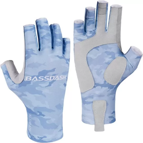 BASSDASH ALTIMATE Fishing Gloves Sun Protection Fingerless Hunting UPF 50 Mens Womens UV GlovesALTIMATE I  Light Blue Camo