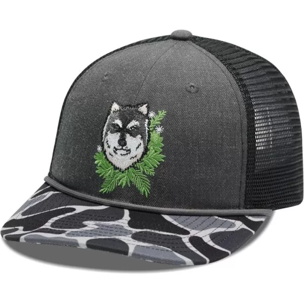 BASSDASH Camo Rope Trucker Hat Adjustable Embroidered Baseball Cap Mesh Back for Duck Deer Hunting Fly Fishing CampingHeather GreyAlaskan Malamute