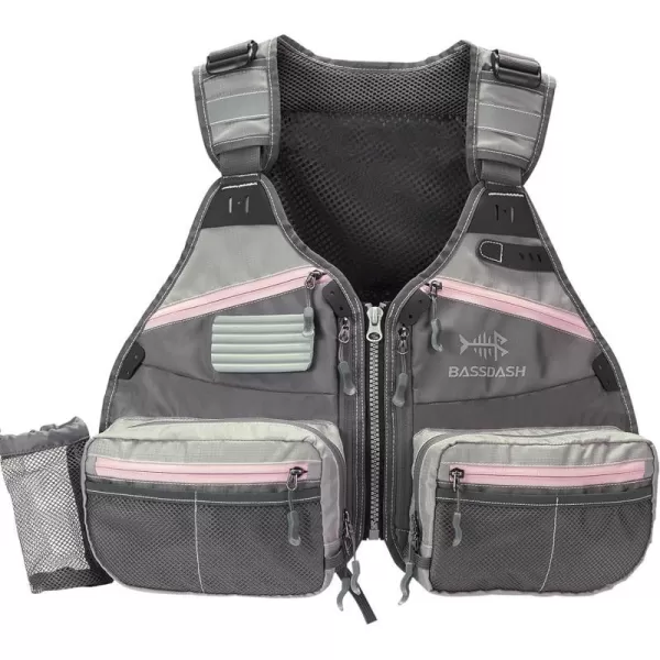 BASSDASH Fly Fishing Vest Adjustable Size with Detachable Water Bottle Holder for Men and Women FV07Womenu2019s Size  GreyLight Pink