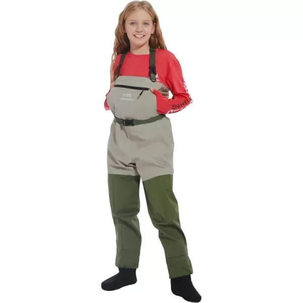 BASSDASH IMMERSE Kids Breathable Chest Fishing Waders Youth Stockingfoot Wader Waterproof Lightweight for Boys GirlsLight TanGreen