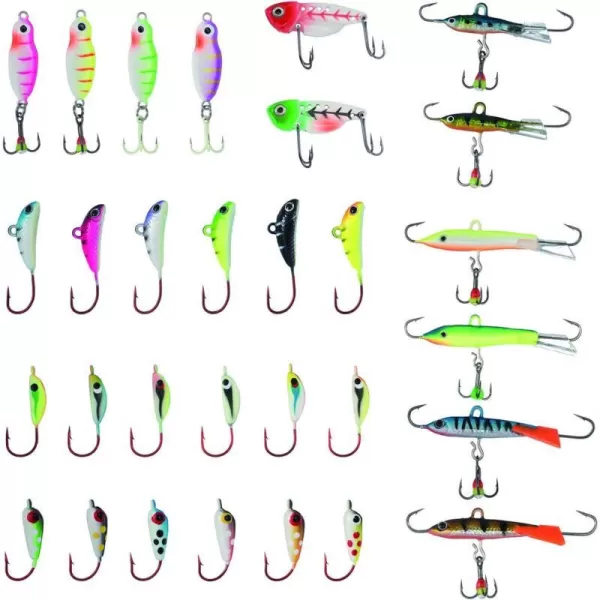 BASSDASH Ice Fishing Lure Kit Glowing Paint Jigs for Winter Ice Jigging Crappie Sunfish Perch Walleye Pike with Tackle Box30 pcs assorted perchwalleyepike jigs