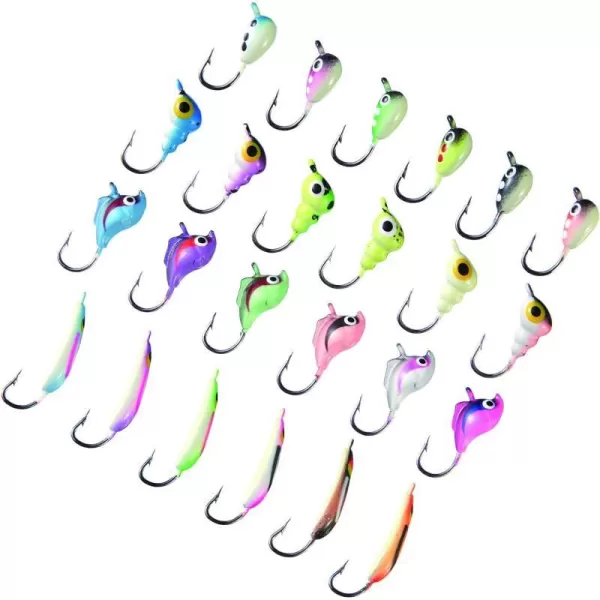 BASSDASH Ice Fishing Lure Kit Glowing Paint Jigs for Winter Ice Jigging Crappie Sunfish Perch Walleye Pike with Tackle BoxBI04  24pcs assorted crappiepanfishperch jigs