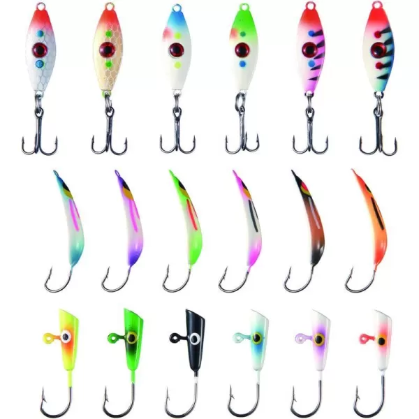 BASSDASH Ice Fishing Lure Kit Glowing Paint Jigs for Winter Ice Jigging Crappie Sunfish Perch Walleye Pike with Tackle BoxBI05  18pcs assorted perchwalleyepike jigs