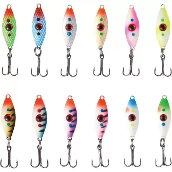 BASSDASH Ice Fishing Lure Kit Glowing Paint Jigs for Winter Ice Jigging Crappie Sunfish Perch Walleye Pike with Tackle BoxBI06  12pcs assorted perchwalleyepike jigs