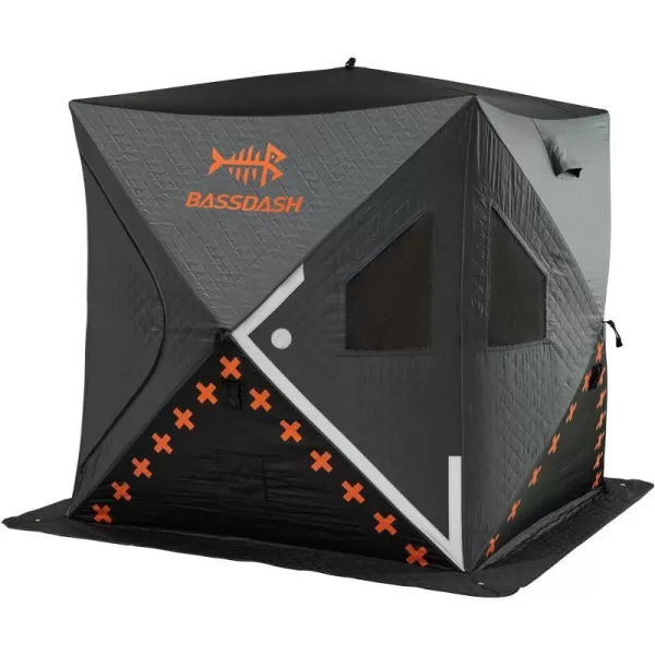 BASSDASH Ice Fishing Winter Shelter Pop Up Portable Thermal Hub Tent with Anchors Tie Ropes Carrying Bag 23 34 Person23 Person Insulated GreyBlack