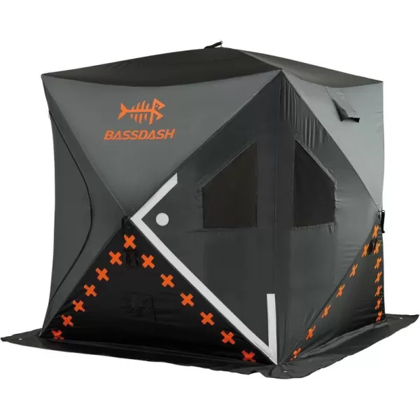 BASSDASH Ice Fishing Winter Shelter Pop Up Portable Thermal Hub Tent with Anchors Tie Ropes Carrying Bag 23 34 Person23 Person Noninsulated GreyBlack