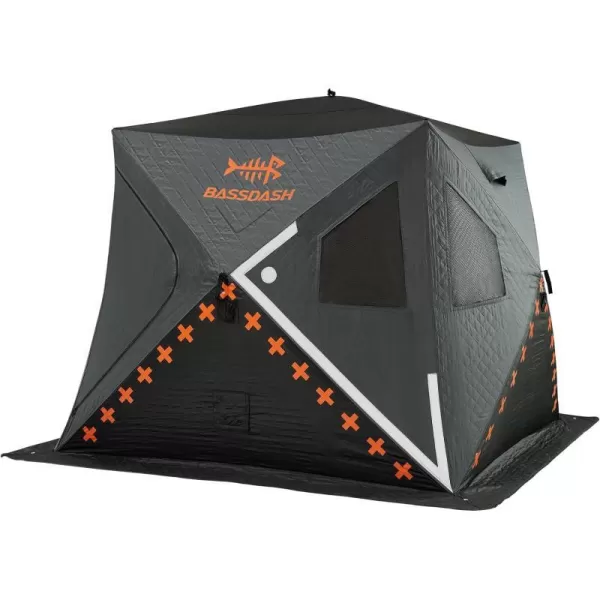 BASSDASH Ice Fishing Winter Shelter Pop Up Portable Thermal Hub Tent with Anchors Tie Ropes Carrying Bag 23 34 Person34 Person Insulated GreyBlack