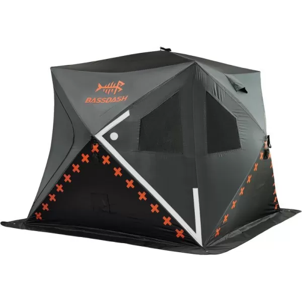 BASSDASH Ice Fishing Winter Shelter Pop Up Portable Thermal Hub Tent with Anchors Tie Ropes Carrying Bag 23 34 Person34 Person Noninsulated GreyBlack