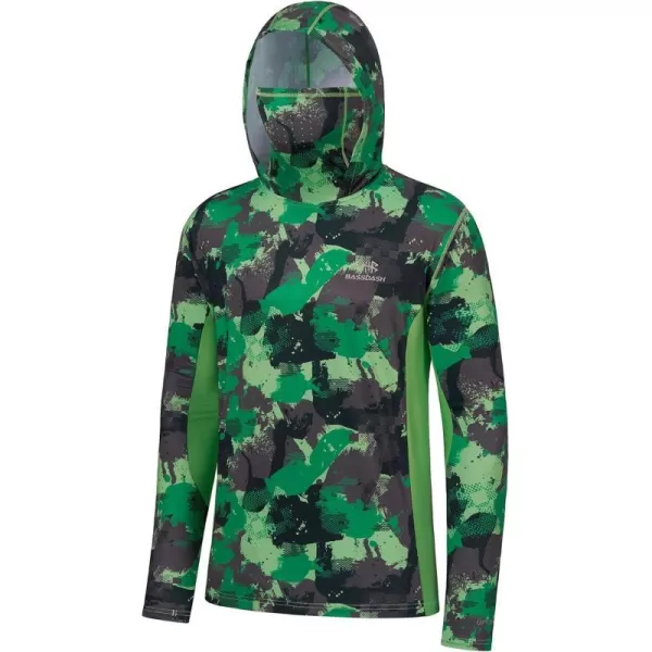 BASSDASH Mens UPF 50 Fishing Hiking Camo Hoodie Shirt with Face Mask Lightweight Neck Gaiter Long SleeveGreen Camo With Neck Gaiter