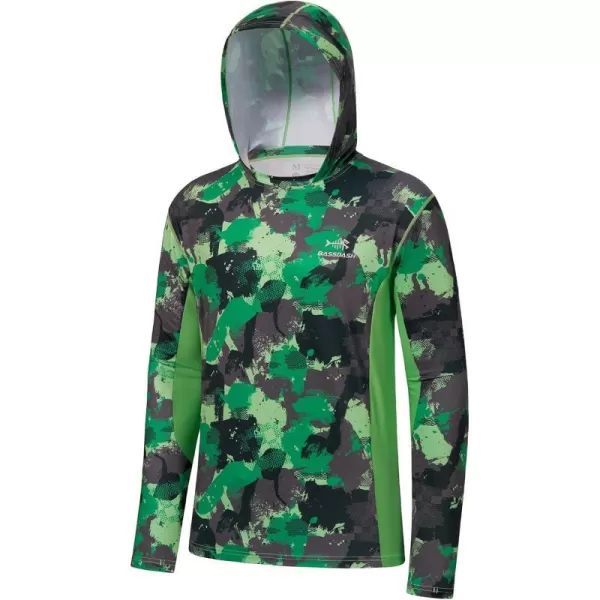 BASSDASH Mens UPF 50 Fishing Hiking Camo Hoodie Shirt with Face Mask Lightweight Neck Gaiter Long SleeveGreen Camo Without Neck Gaiter