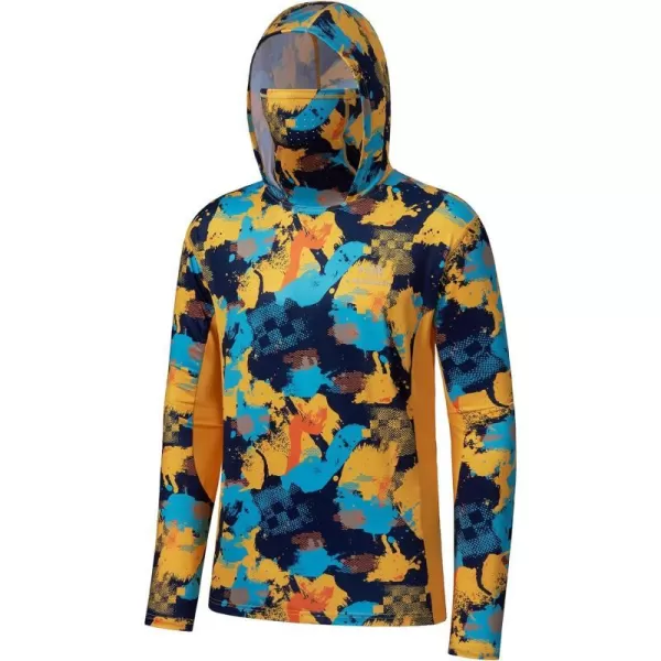 BASSDASH Mens UPF 50 Fishing Hiking Camo Hoodie Shirt with Face Mask Lightweight Neck Gaiter Long SleeveYellowBlue Camo With Neck Gaiter