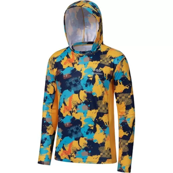 BASSDASH Mens UPF 50 Fishing Hiking Camo Hoodie Shirt with Face Mask Lightweight Neck Gaiter Long SleeveYellowBlue Camo Without Neck Gaiter