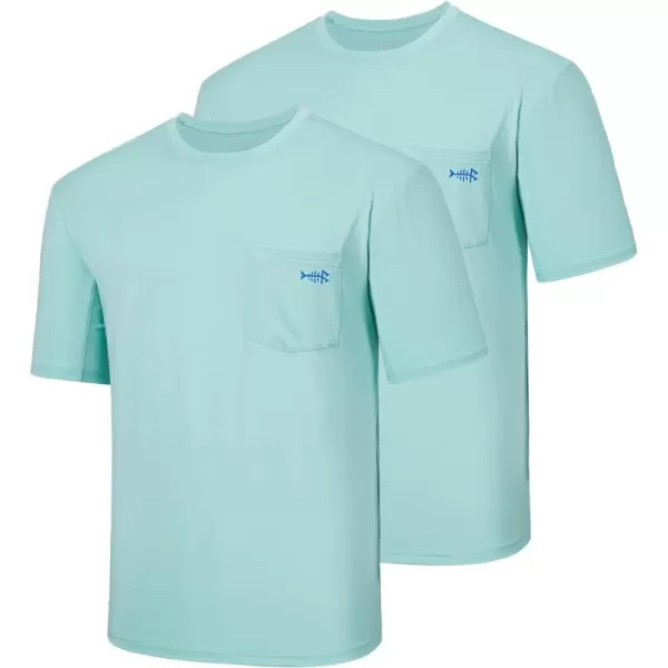 BASSDASH Mens UPF 50 Performance Short Sleeve Pocket TShirt UV Sun Protection Fishing Hiking Kayaking Sports ShirtsSeafoamVivid Blue Logo  Pack of 2