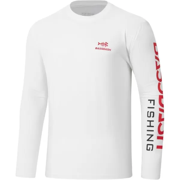 BASSDASH Mens UPF 50 Sun Protection Long Sleeve Shirts Quick Dry Performance SPF UV Shirt for Outdoors Fishing Hiking FS31MWhiteRed Logo