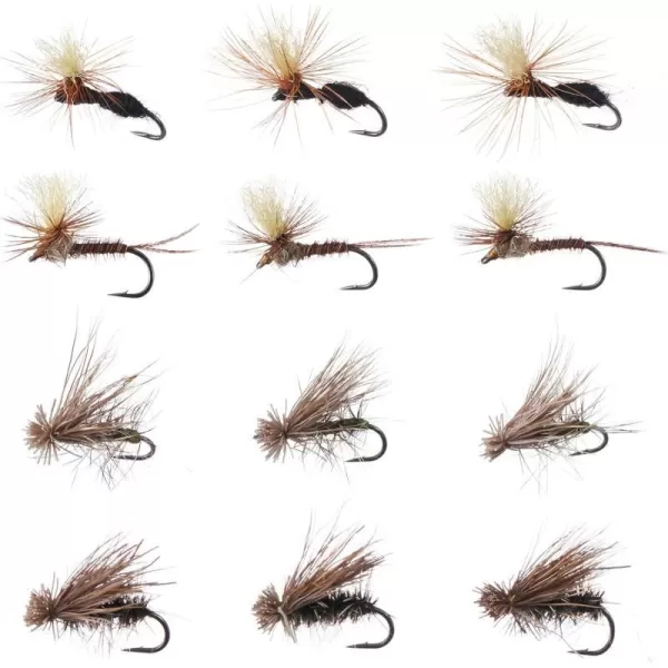 BASSDASH Trout Fly Fishing Flies Tenkara Wet Dry Flies Nymphs Sakasa Kebari 12pcs Assortment Barbless Barbed HooksBarbed Dry Flies for Trout Fishing