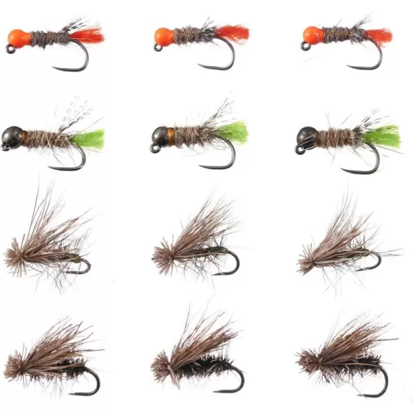 BASSDASH Trout Fly Fishing Flies Tenkara Wet Dry Flies Nymphs Sakasa Kebari 12pcs Assortment Barbless Barbed HooksBarbless Nymphs and Dry Flies for Trout Fishing