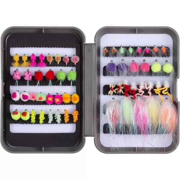 BASSDASH Trout Steelhead Salmon Fishing Flies Barbed Barbless Fly Hooks Include Dry Wet Flies Nymphs Streamers Eggs Fly Lure Kit with Fly Box57pcs barbed steelheadsalmontrout flies