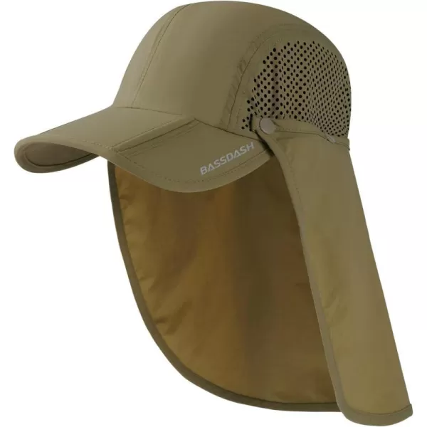 BASSDASH UPF 50 Foldable Fishing Hat Baseball Cap with Removable Neck Flap Portable for Men Women Golf HikingKhaki With Foldable Brim